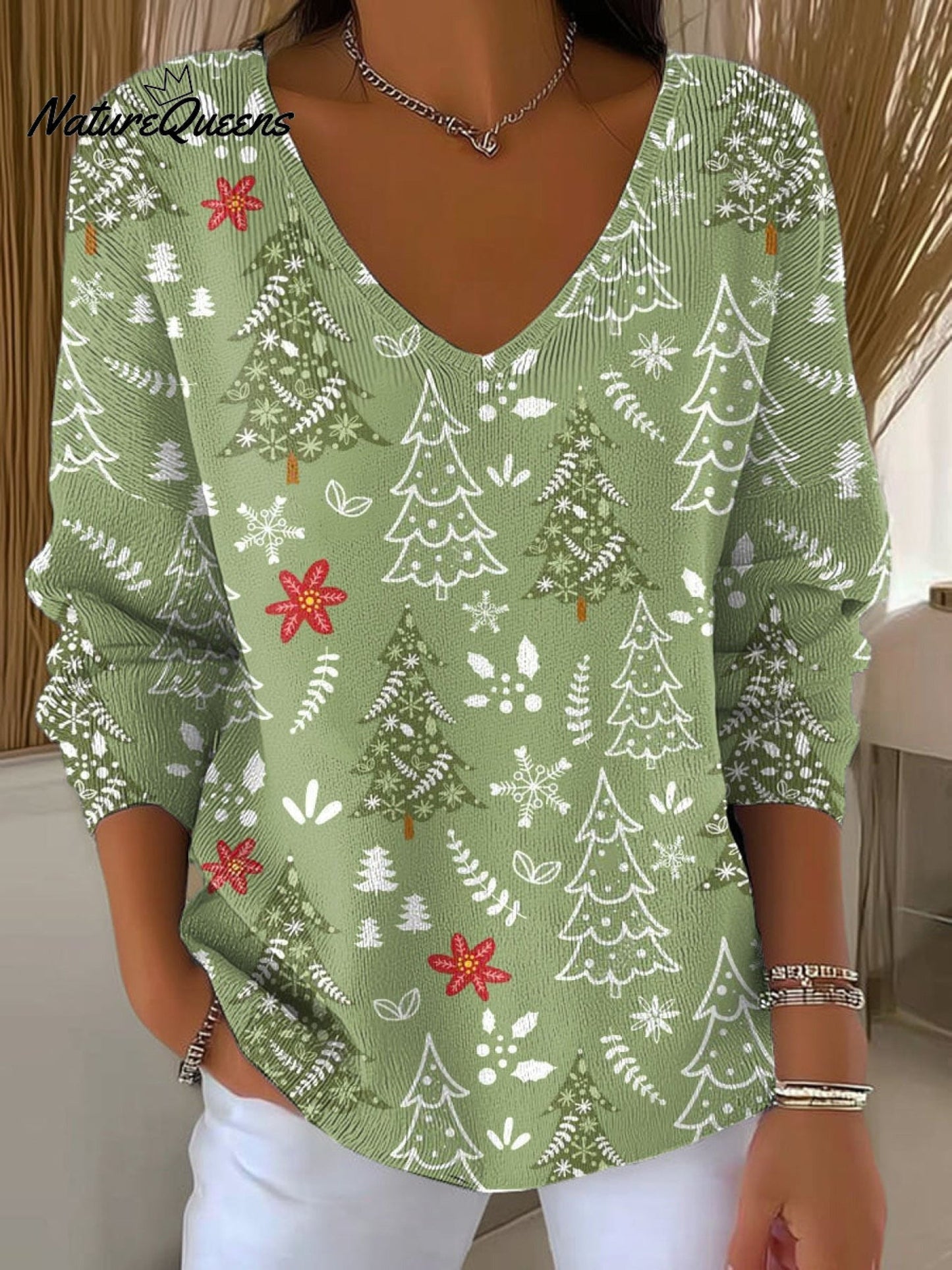 Women's Christmas Tree Pattern Art Print Buttoned Cardigan Sweater