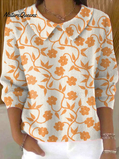 Women's Vintage Flower Art Print Casual Peter Pan Collar 3/4 Sleeve Sweater