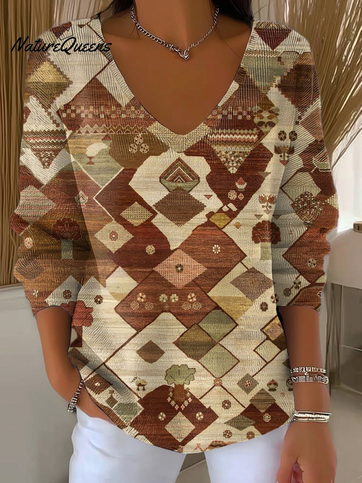 Women's Vintage Abstract Rhombus Geometric Painting Art Print Casual Pullover Sweater