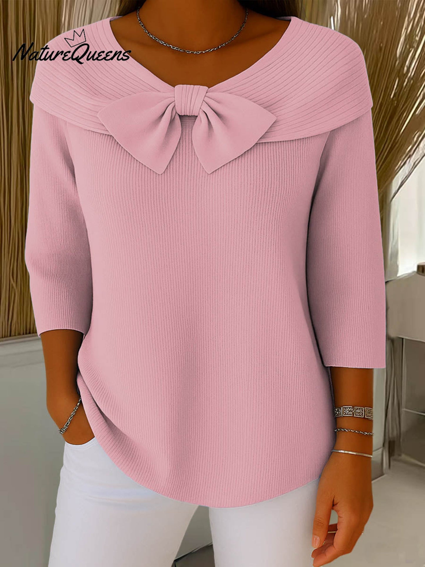 Women's Solid Color Round Neck 3/4 Sleeve Bow Casual Knit Pullover