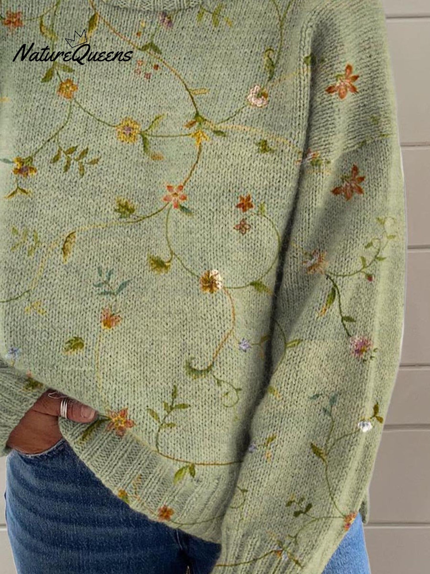 Women's Lovely Floral Art Print Knit Turtleneck Pullover Sweater