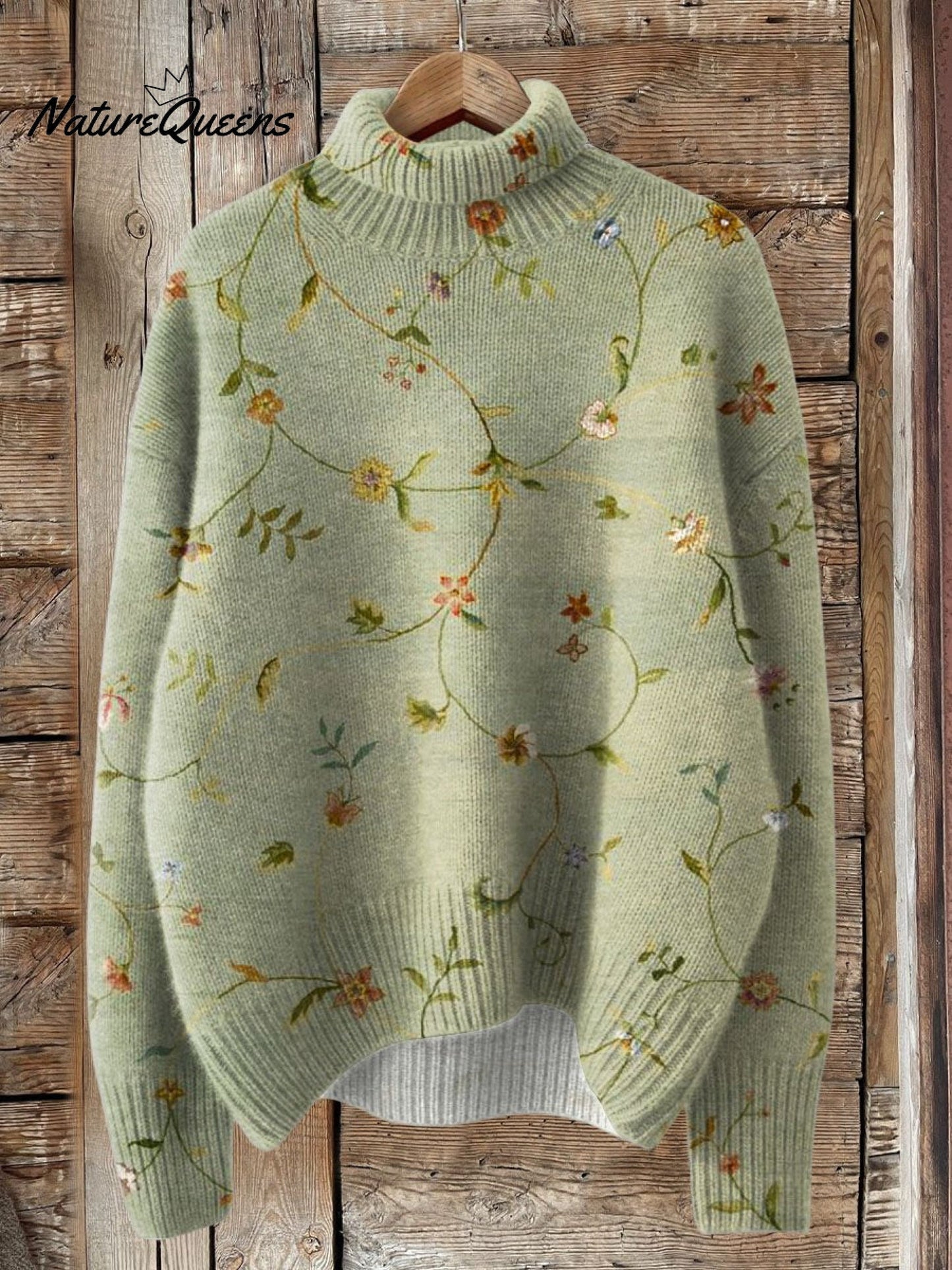 Vintage Lovely Floral Art Print Knit Turtleneck Pullover Sweater