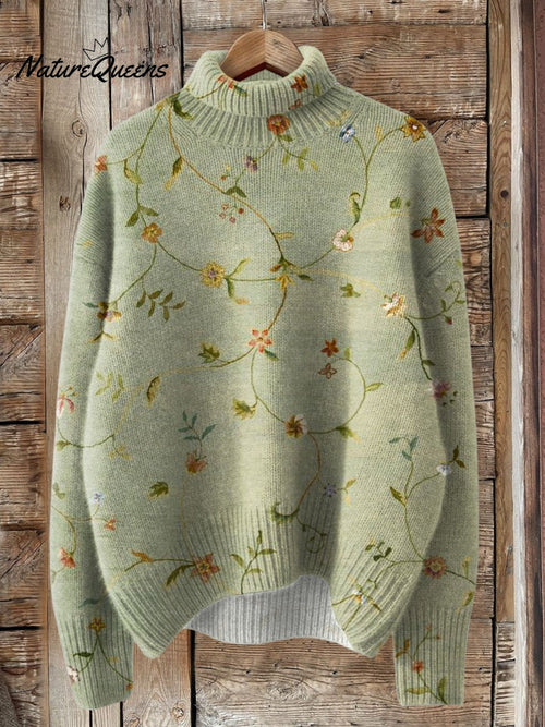 Vintage Lovely Floral Art Print Knit Turtleneck Pullover Sweater