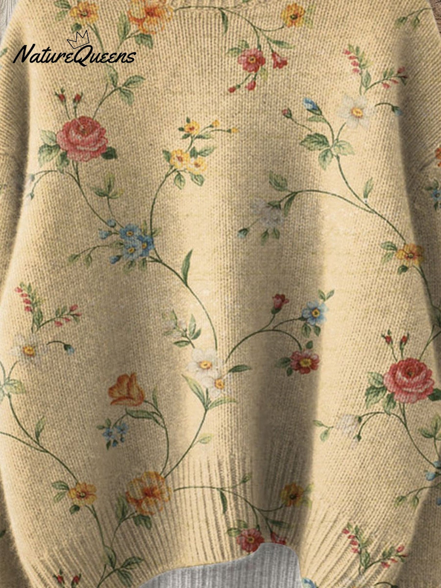 Vintage Lovely Floral Art Print Knit Turtleneck Pullover Sweater