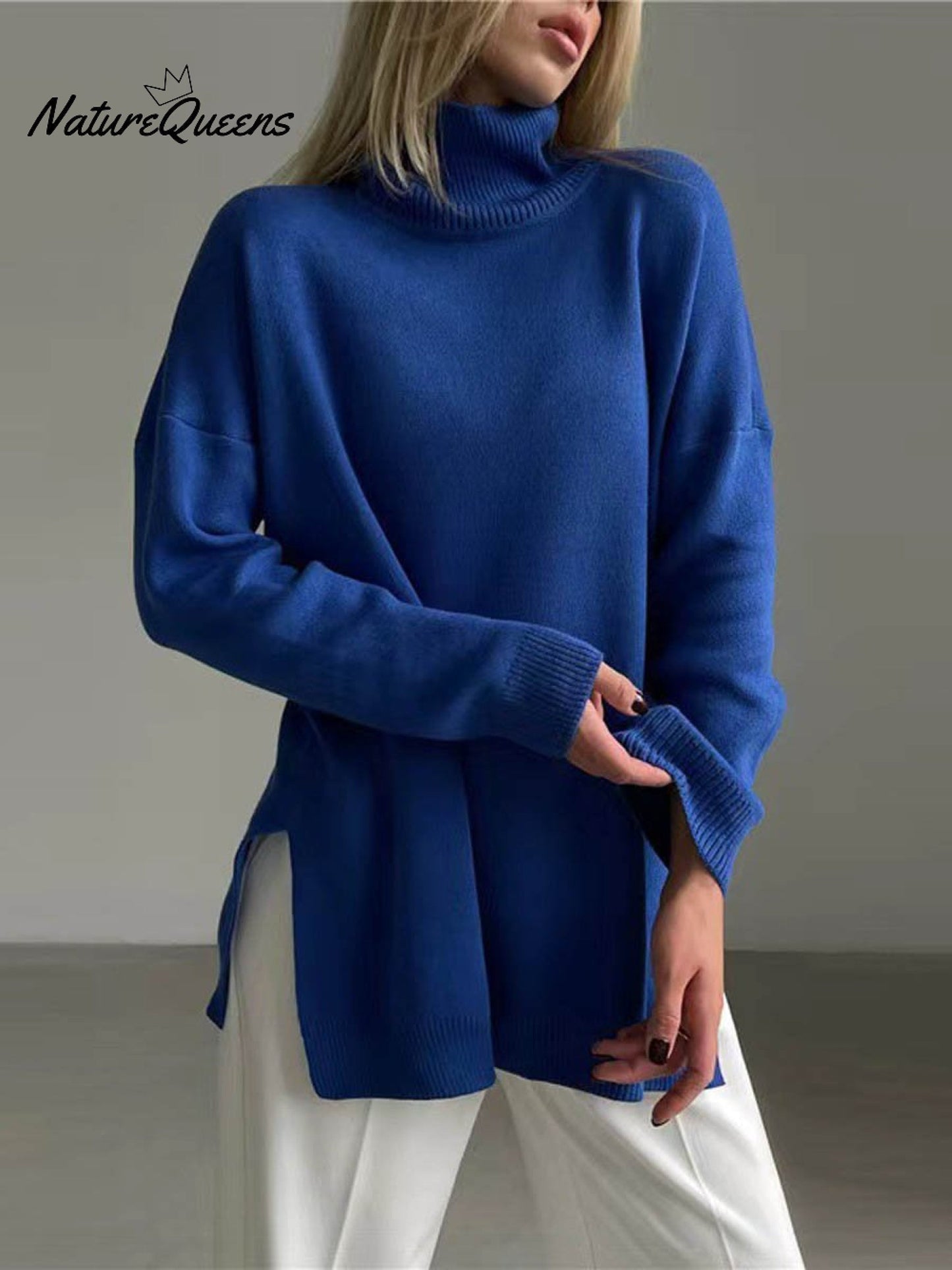Women's Solid Color Stylish Long-sleeved Loose turtleneck Warm Casual Knitted Sweater