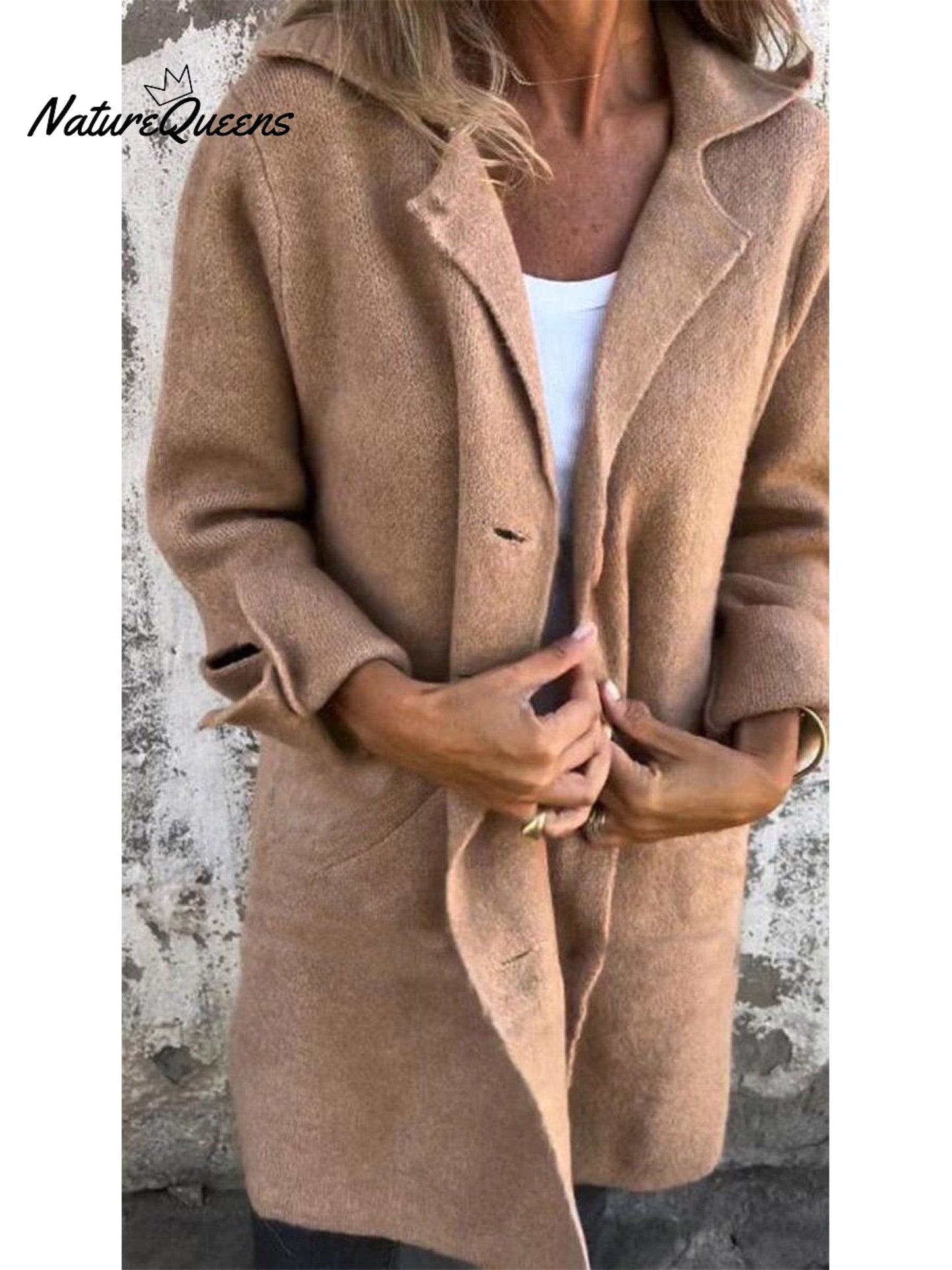 Women's Solid Color Lapel Cardigan with Pockets Single Breasted Mid-Length Jacket