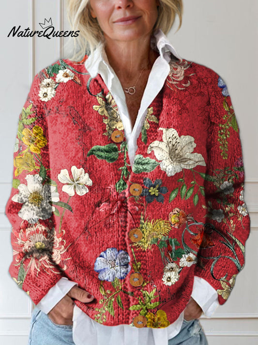 Women's Vintage Floral Art Print Buttoned Cardigan Sweater
