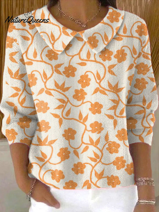 Women's Vintage  Flower Art Print Casual Peter Pan Collar 3/4 Sleeve Sweater