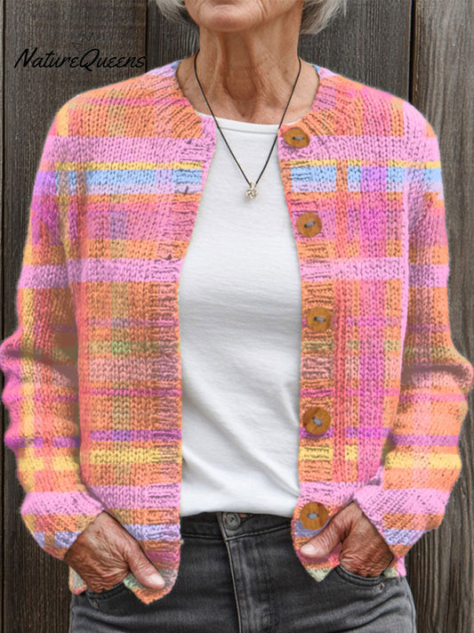 Vintage Abstract Plaid Art Print Buttoned Cardigan Sweater