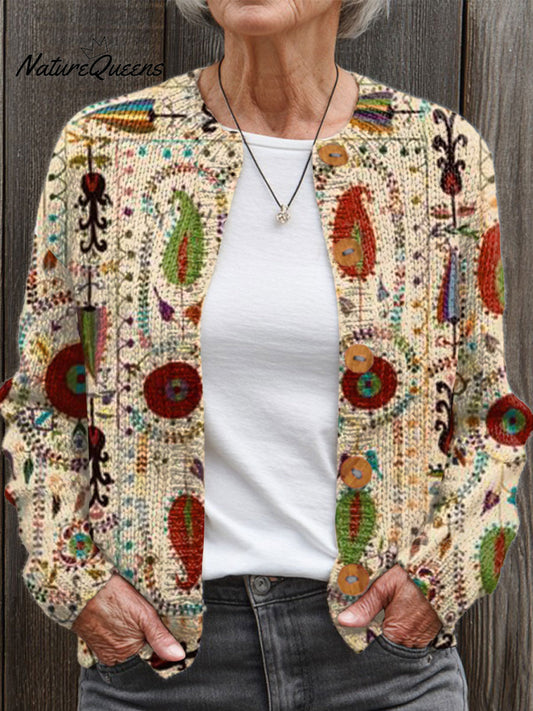 Vintage Flower Art Print Buttoned Cardigan Sweater