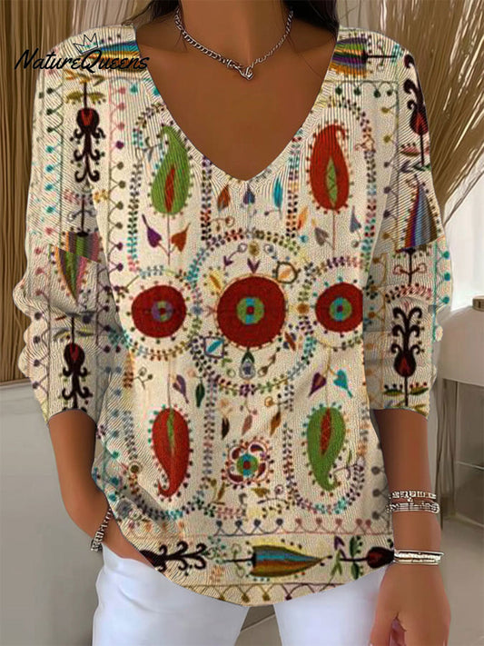Women's Vintage Flower Art Print Casual Pullover Sweater
