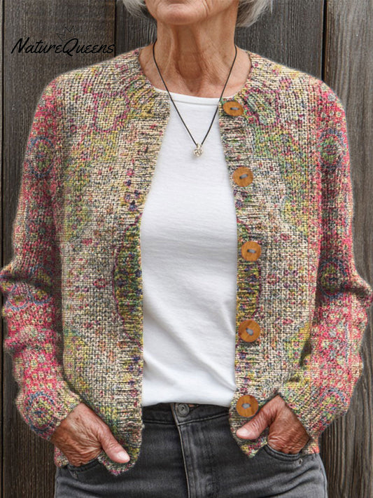 Vintage Flower Art Print Buttoned Cardigan Sweater
