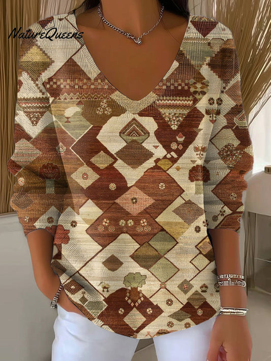 Women's Vintage Abstract Rhombus Geometric Painting Art Print Casual Pullover Sweater