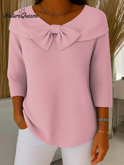 Women's Solid Color Round Neck 3/4 Sleeve Bow Casual Knit Pullover