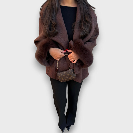 Vienelle – Dark Brown Wrap Coat with Fur Cuffs
