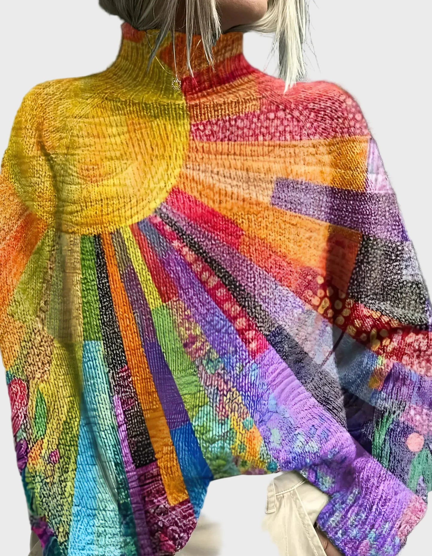 High neck sweater with a vibrant pattern