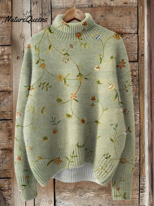 Vintage Lovely Floral Art Print Knit Turtleneck Pullover Sweater