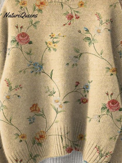 Vintage Lovely Floral Art Print Knit Turtleneck Pullover Sweater