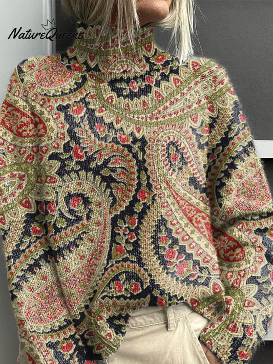 Women's Vintage Lovely Floral Art Print Knit Turtleneck Pullover Sweater