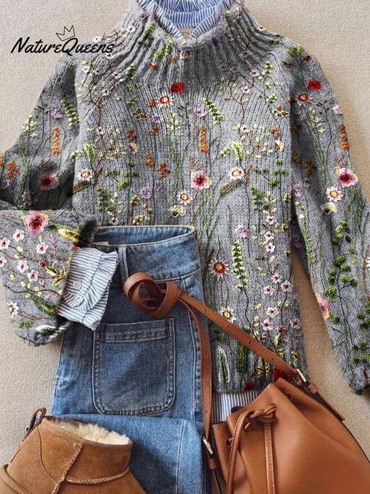 Women's Vintage Lovely Floral Art Print Knit Turtleneck Pullover Sweater
