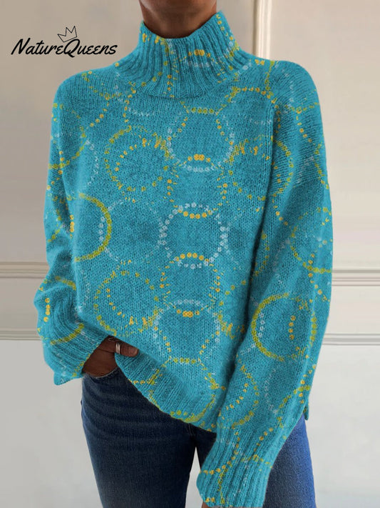 Bright Circle Art Print Knit Turtleneck Pullover Sweater