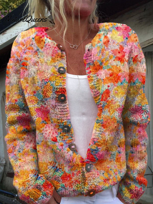 Floral Print Buttoned Casual Cardigan  Sweater
