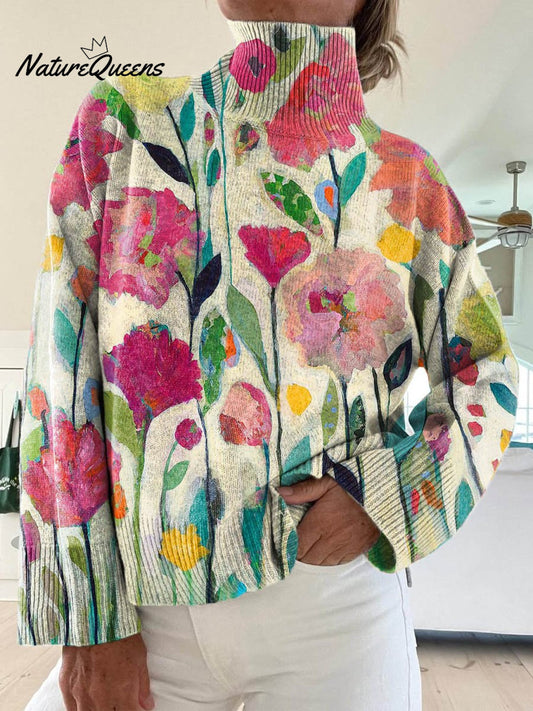 Women's Vintage Lovely Floral Art Print Knit Turtleneck Pullover Sweater