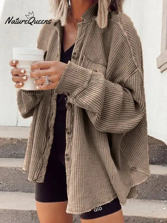 Women's Fall Casual Lapel Neck Patchwork Irregular Shirt Jacket