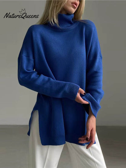 Women's Solid Color Stylish Long-sleeved Loose turtleneck Warm Casual Knitted Sweater