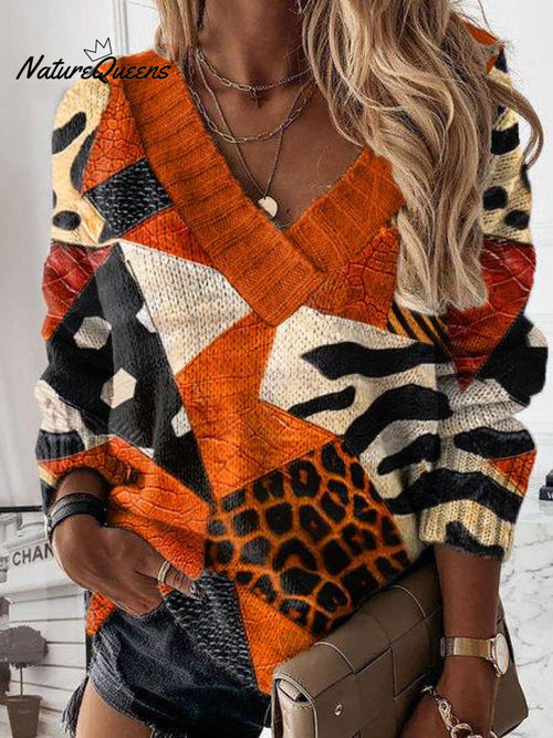 Halloween Color Block Art Print Knit V-neck Pullover Sweater