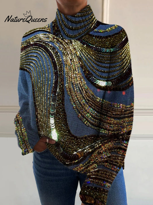Luxurious Flowing Bead Art Print Knit Turtleneck Pullover Sweater