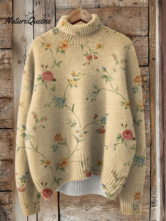 Vintage Lovely Floral Art Print Knit Turtleneck Pullover Sweater