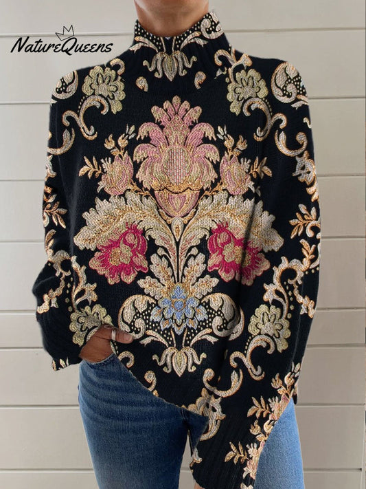 Women's Vintage Lovely Floral Art Print Knit Turtleneck Pullover Sweater