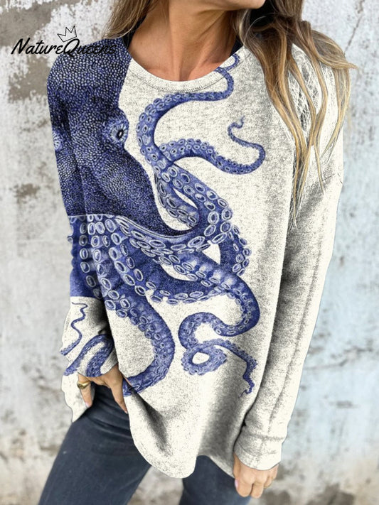 Vintage Deep Sea Octopus Tentacles Art Printed Women's Button Back Casual Knitted Shirt