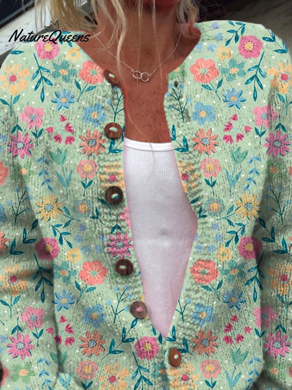Summer Field Floral Pattern Print Buttoned Cardigan Sweater