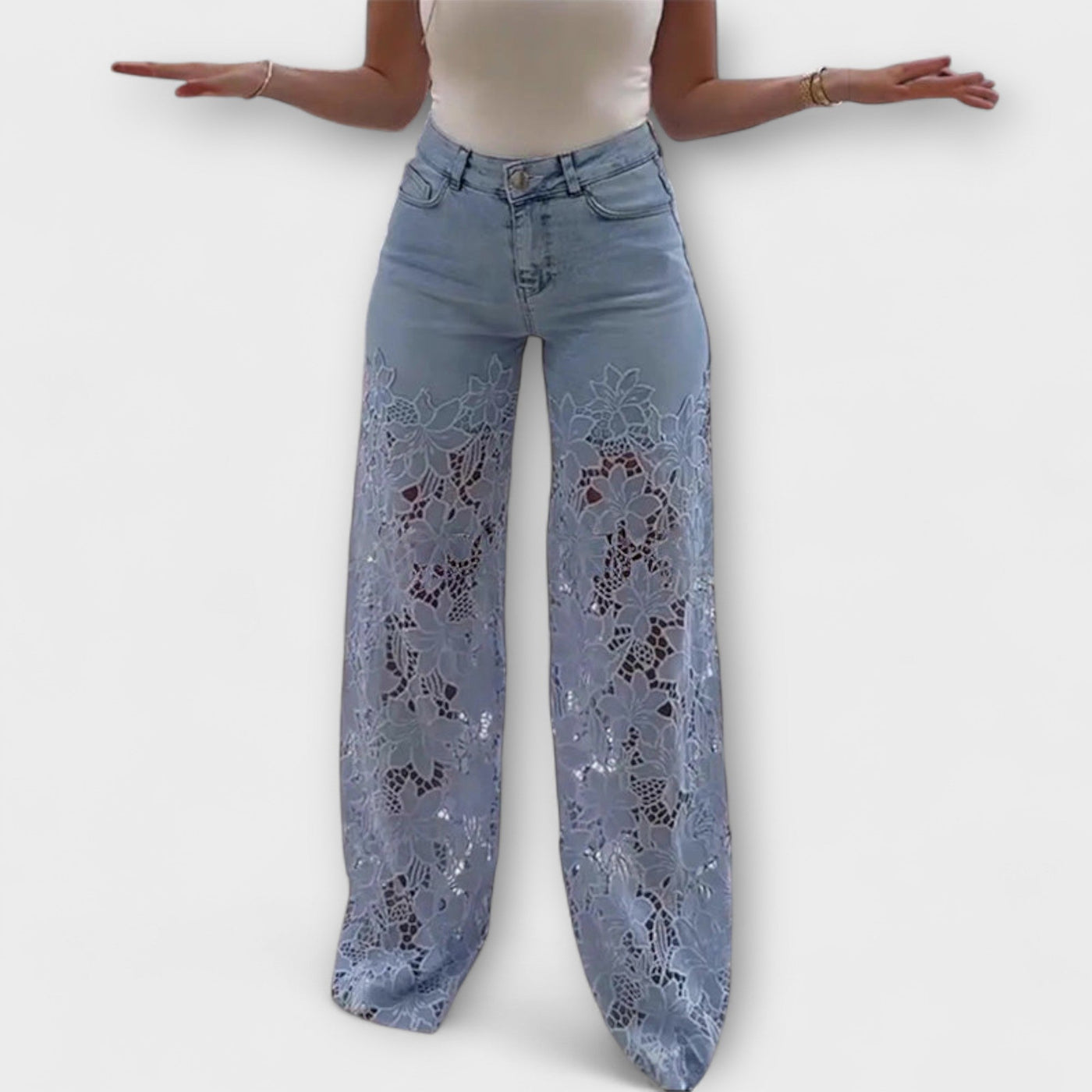 Virelle – Jeans with floral transparency and wide leg