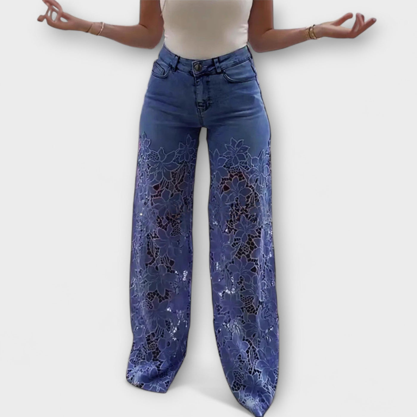 Virelle – Jeans with floral transparency and wide leg