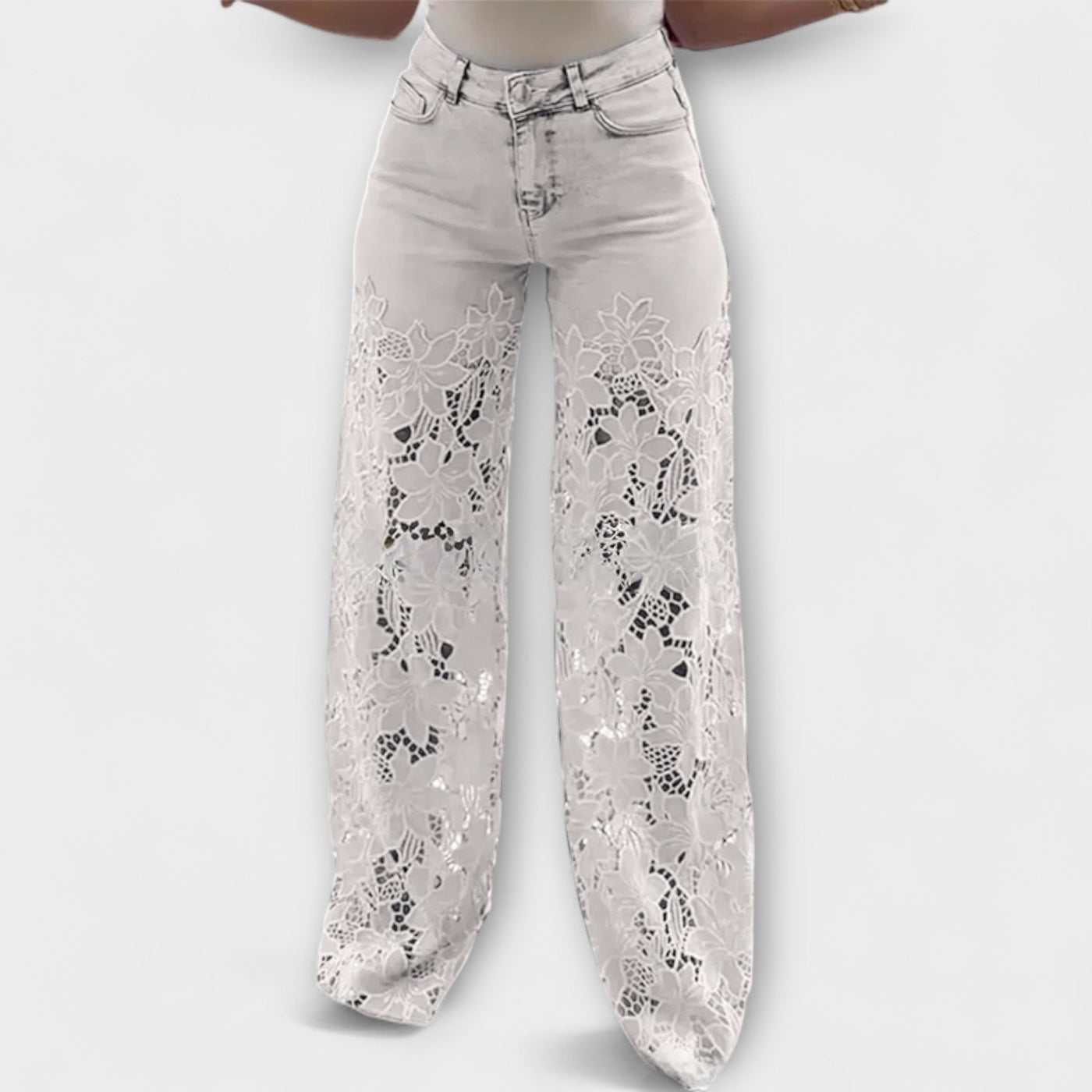 Virelle – Jeans with floral transparency and wide leg