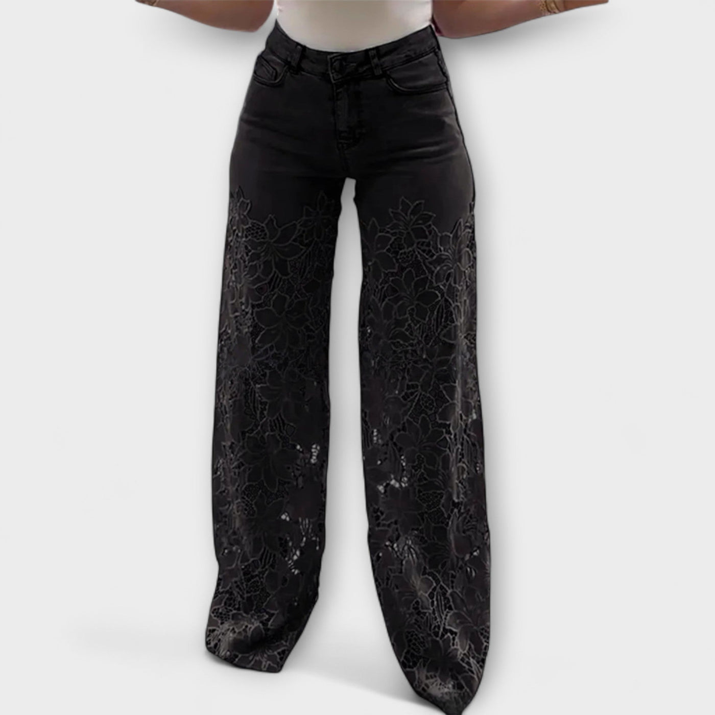 Virelle – Jeans with floral transparency and wide leg