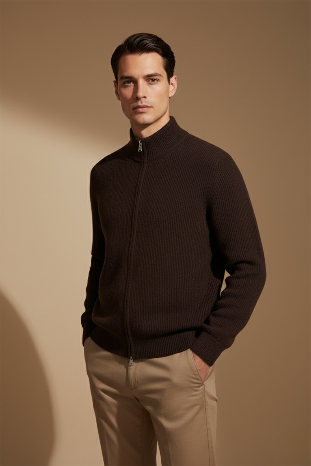 RIBBED ZIP UP VEST BROWN